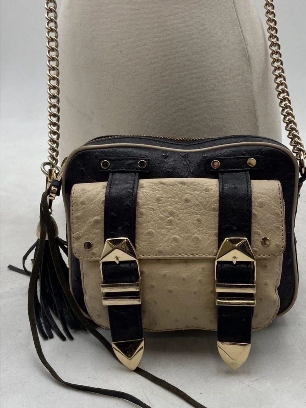 Rebecca Minkoff Black and Cream Crossbody Bag with Gold Hardware
